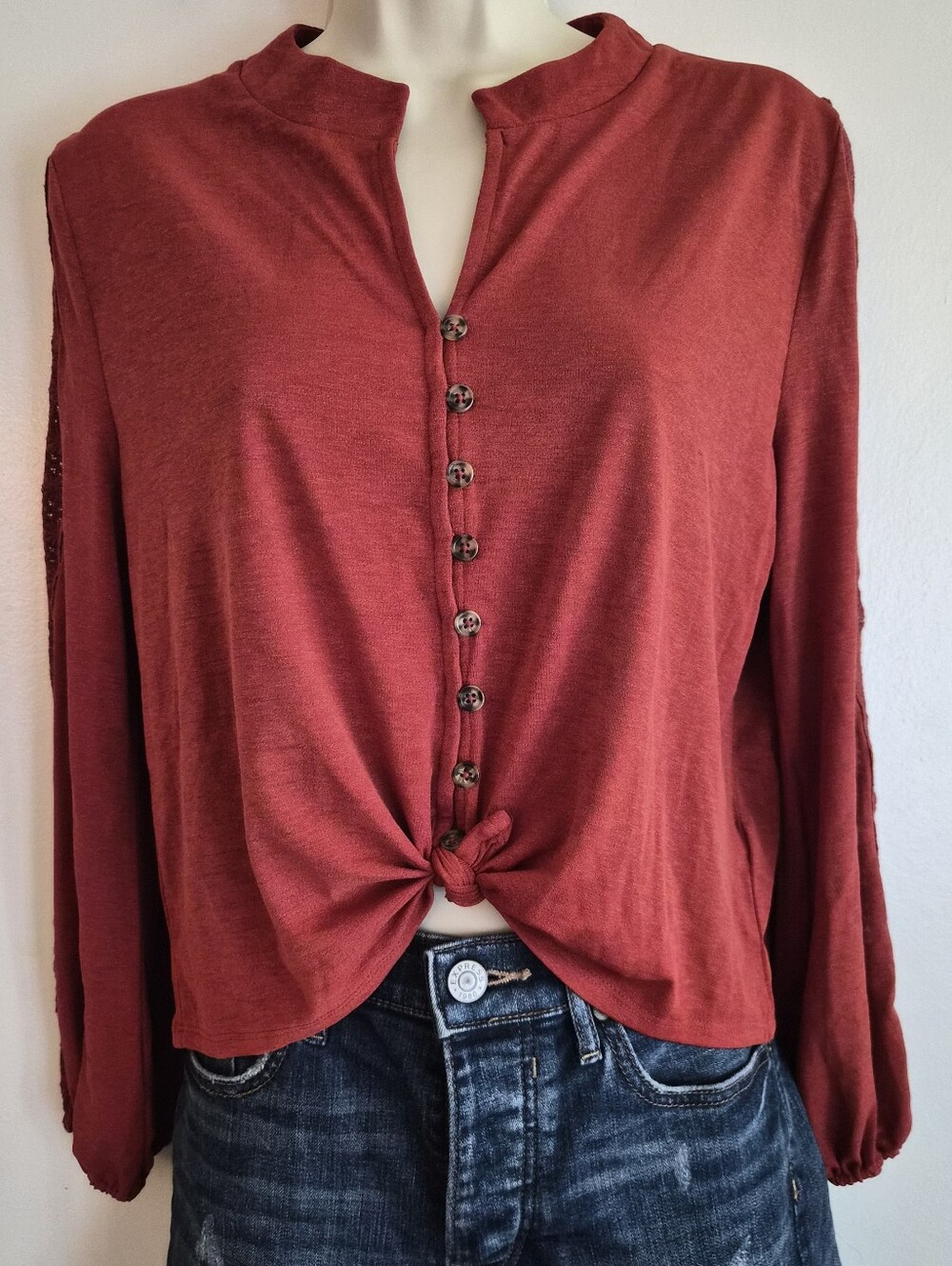 Long Sleeve Blouse Mandarin Collar Lace Detail Stretch Size Medium Top Shirt